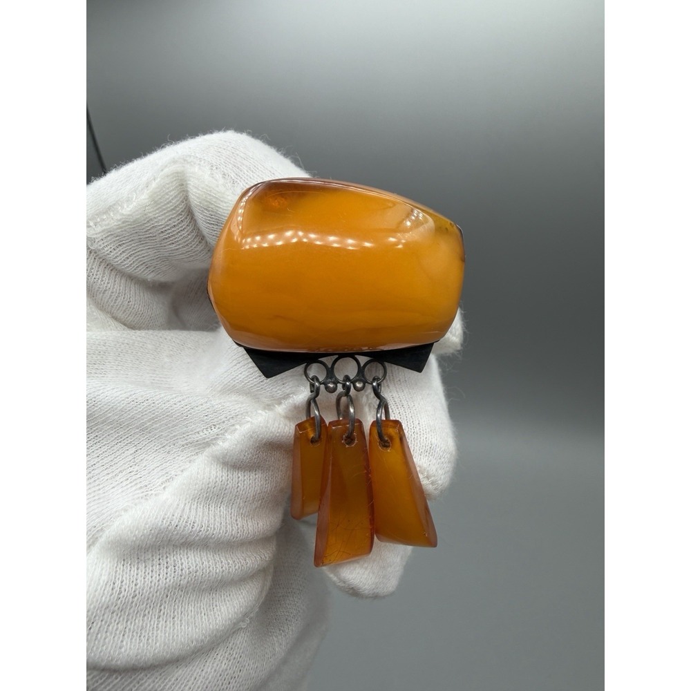 Vintage Soviet USSR Baltic Amber Brooch 875 Silver Honey Amber Dangle Brooch
